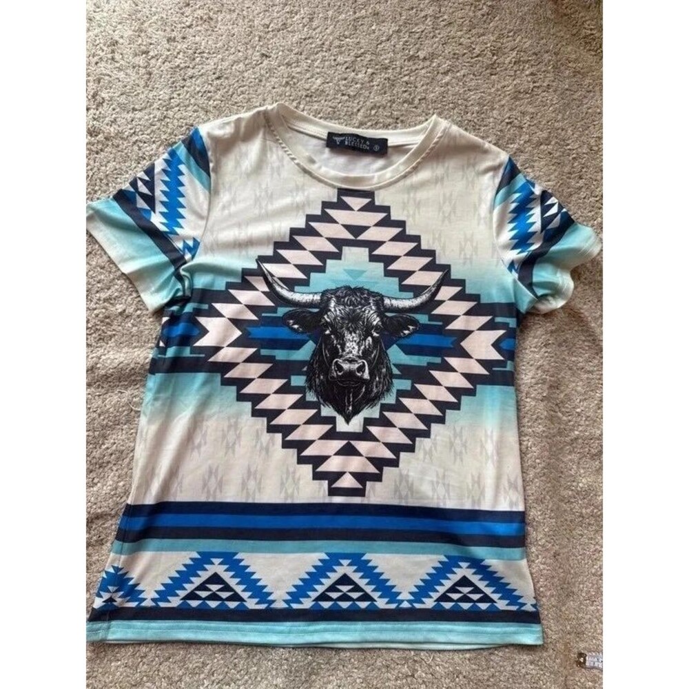 Lucky and Blessed Southwest Aztec Longhorn Graphic Top Small